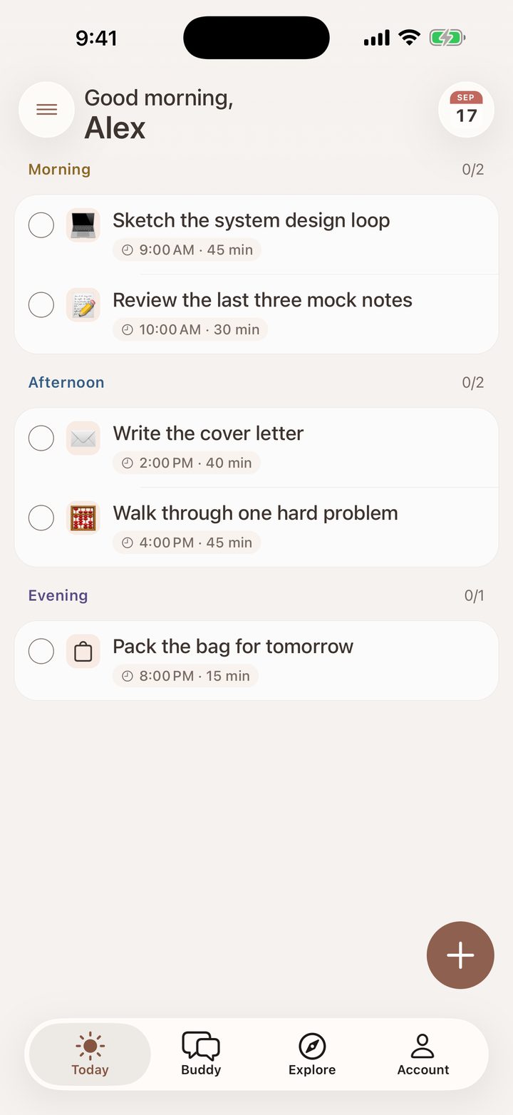 Buddy Today screen with an interview prep plan